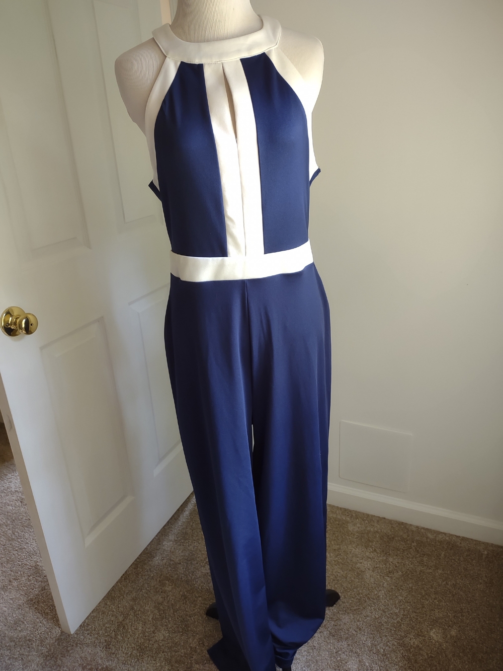 SHEIN Navy and White Halter Jumpsuit Sz L